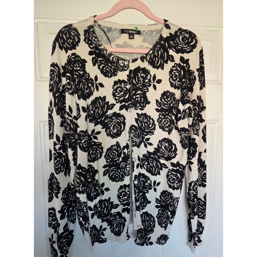 By Design Womens Floral Cardigan Sweater Black White Rose Rhinestone Button L